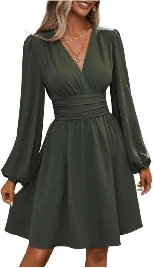 SOLY HUX Women's Elegant Dress V Neck Long Sleeve High Waist Swing Prom Cocktail Short Dresses