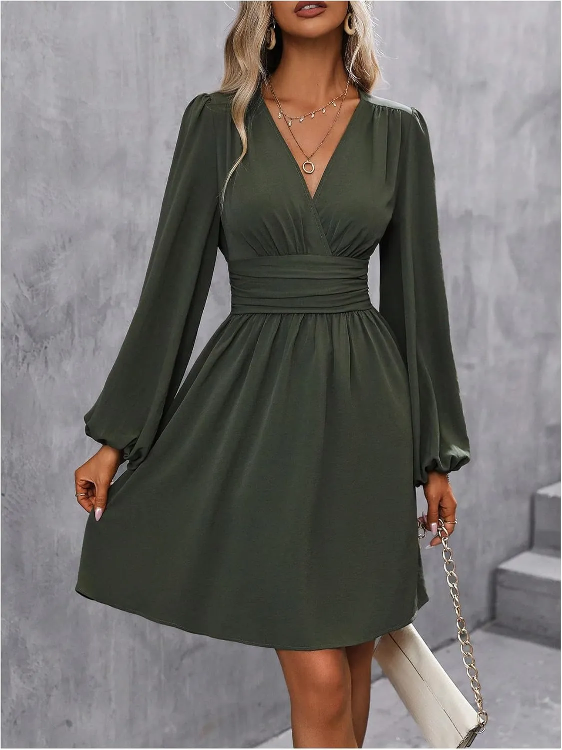 SOLY HUX Women's Elegant Dress V Neck Long Sleeve High Waist Swing Prom Cocktail Short Dresses