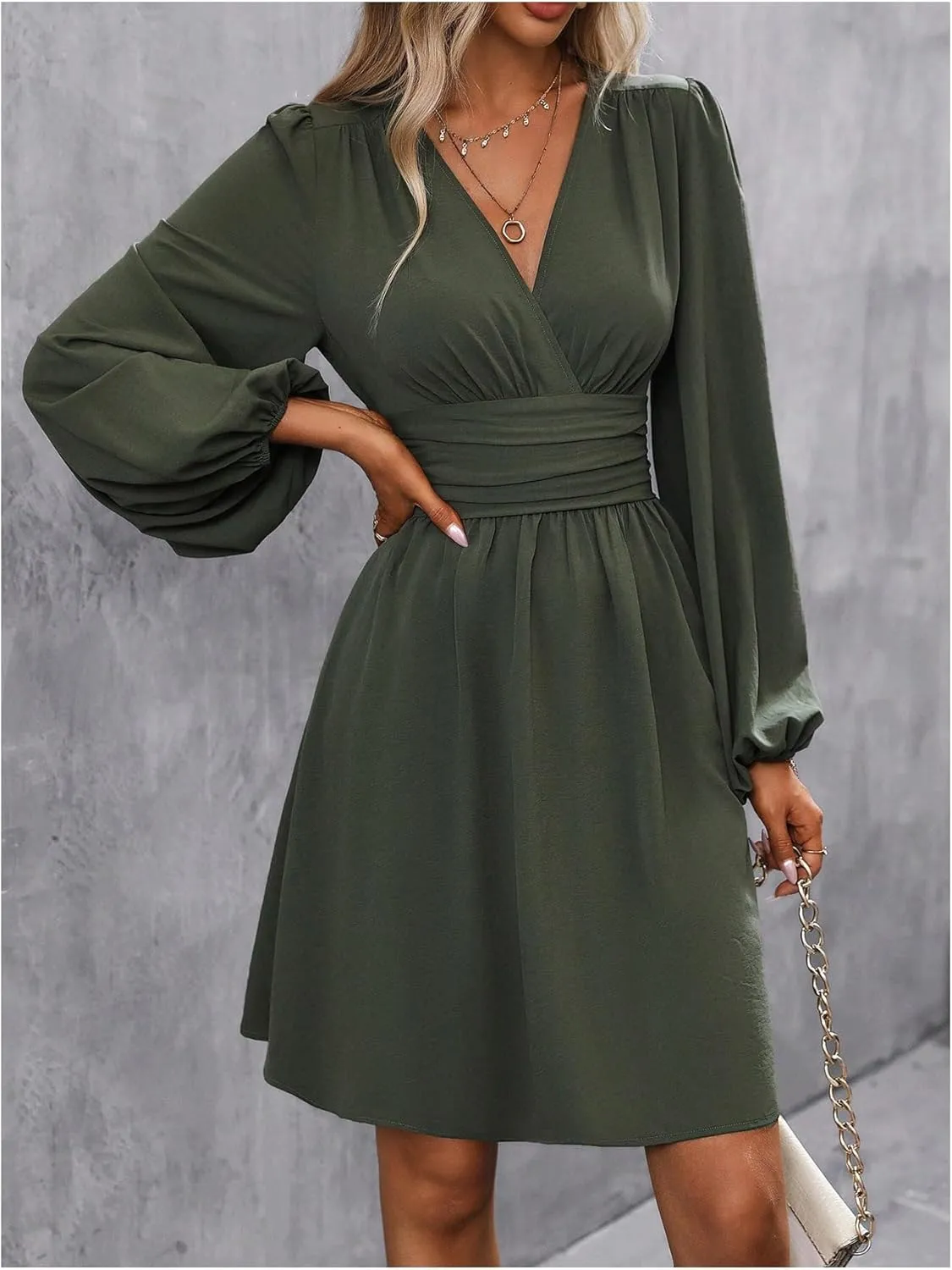 SOLY HUX Women's Elegant Dress V Neck Long Sleeve High Waist Swing Prom Cocktail Short Dresses