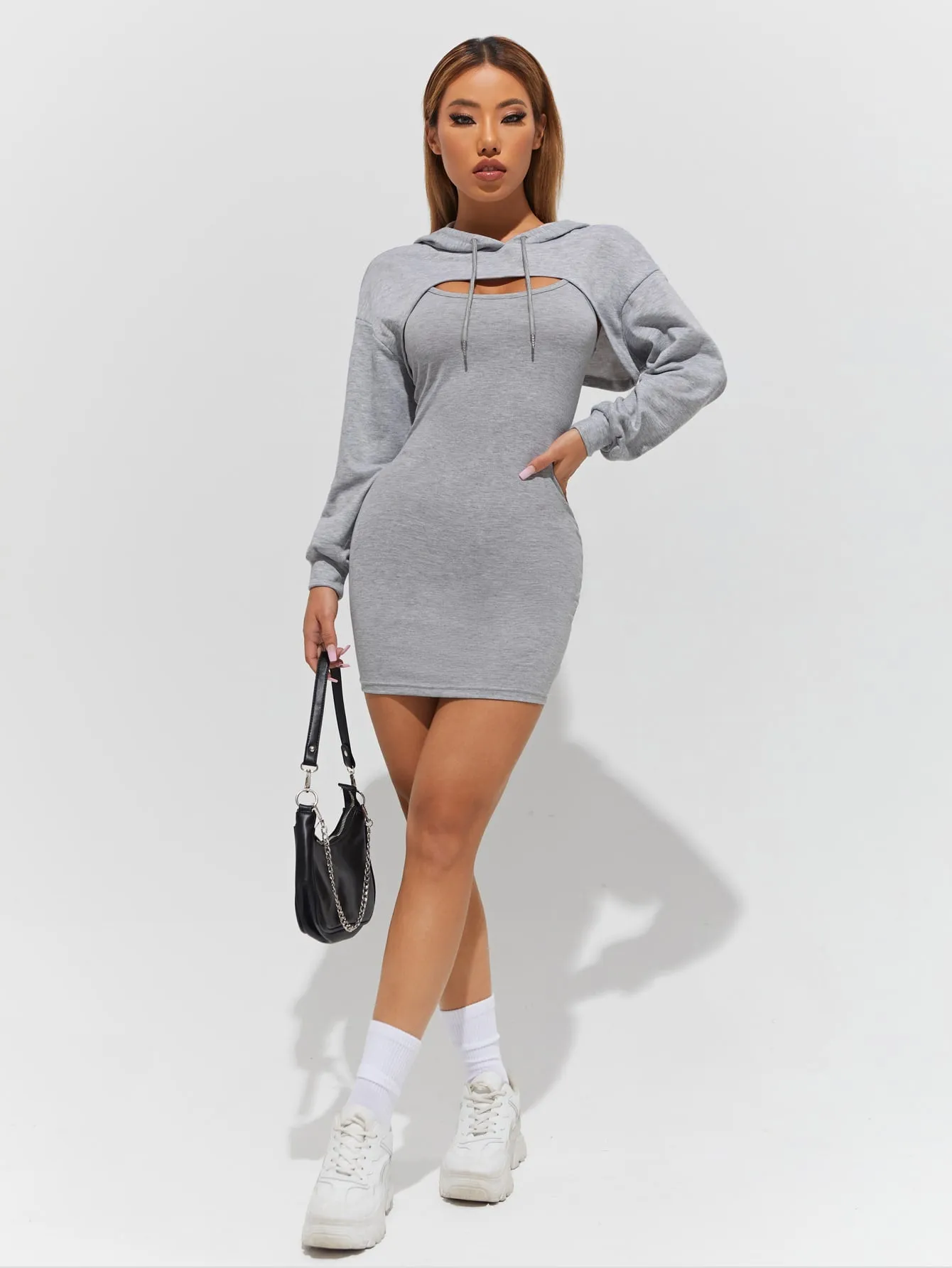Sporty Plain Drawstring Long Sleeve Hooded Women Two-Piece Outfits