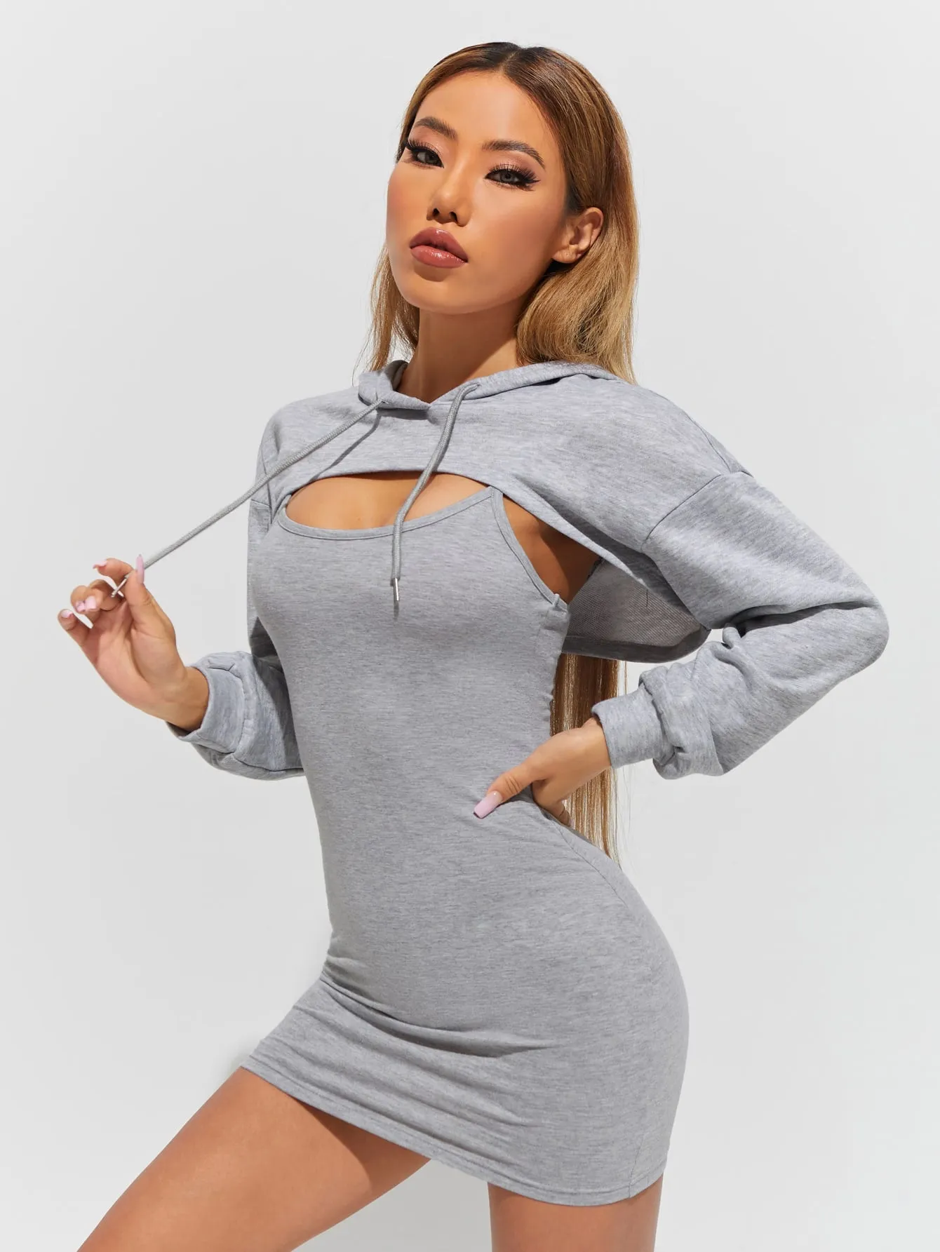 Sporty Plain Drawstring Long Sleeve Hooded Women Two-Piece Outfits