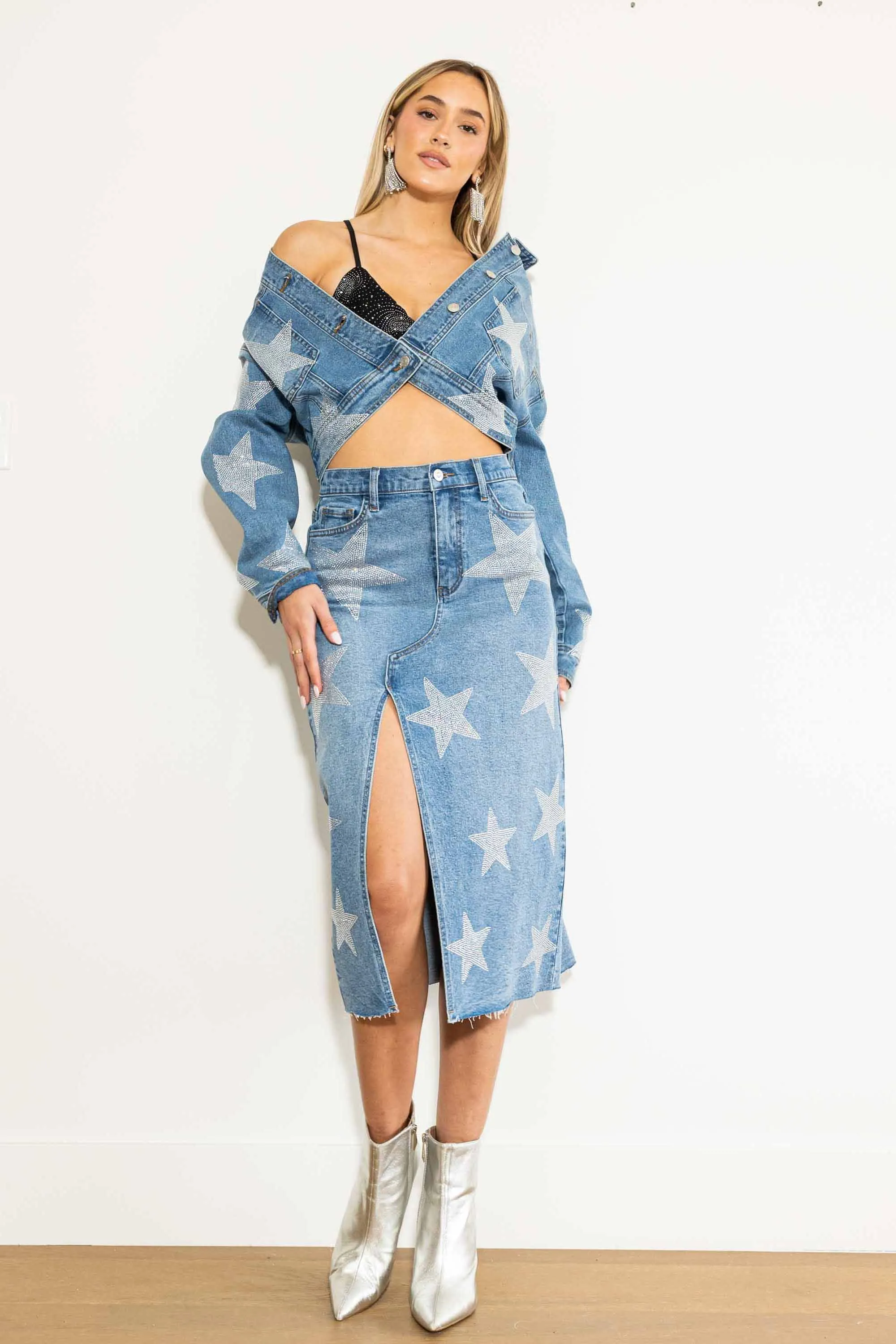 Stars Born Rhinestone Denim Column Skirt
