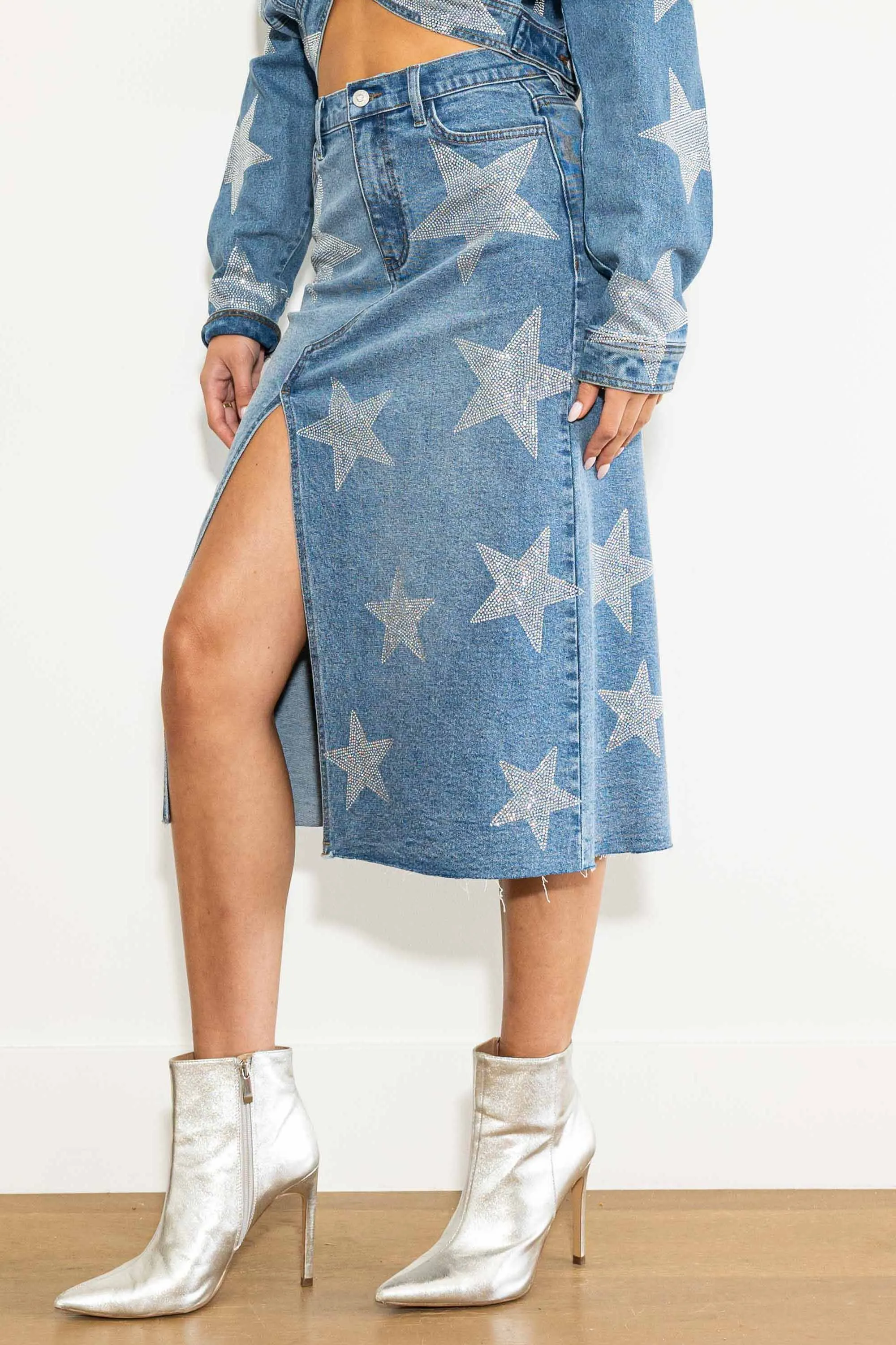 Stars Born Rhinestone Denim Column Skirt