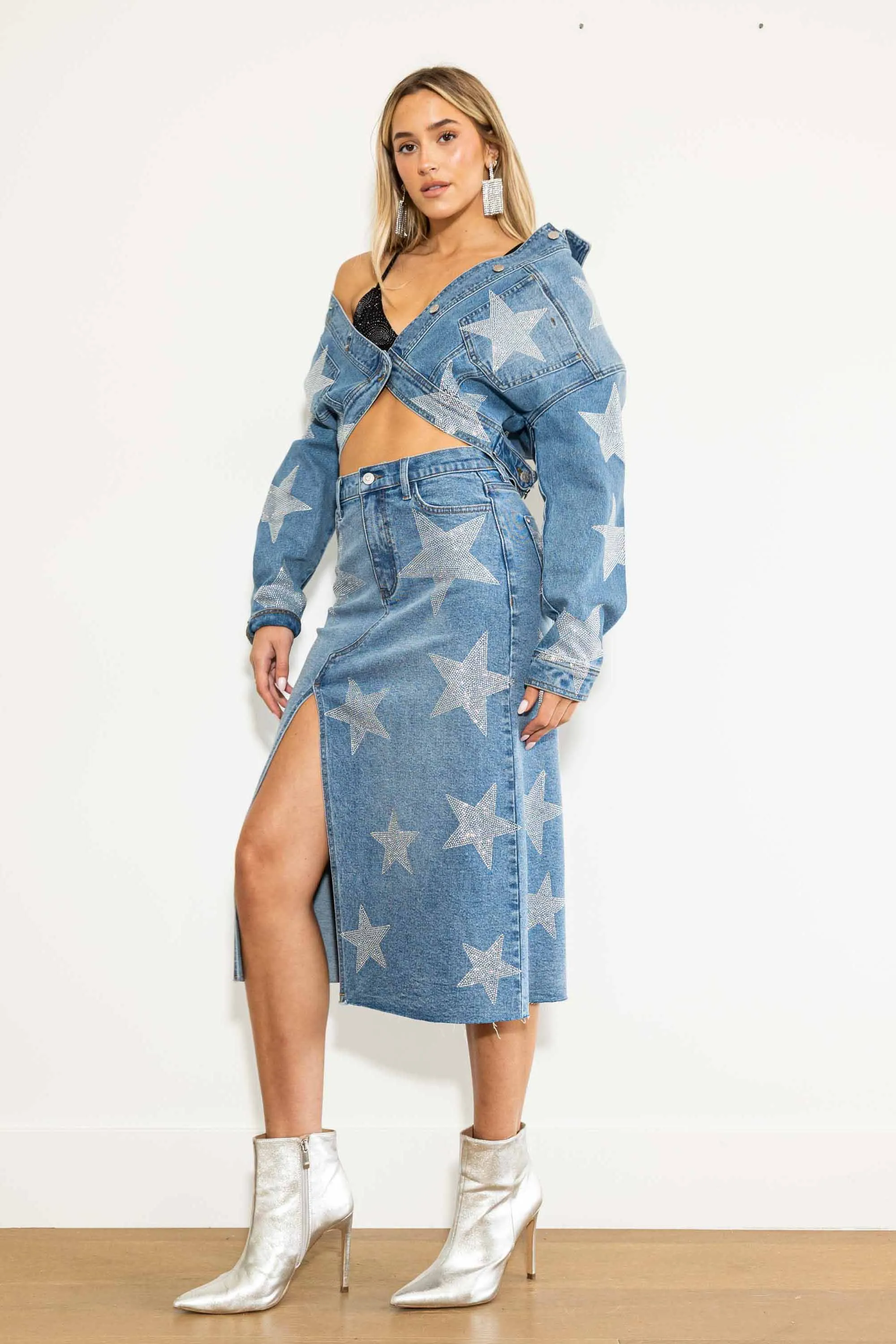 Stars Born Rhinestone Denim Column Skirt