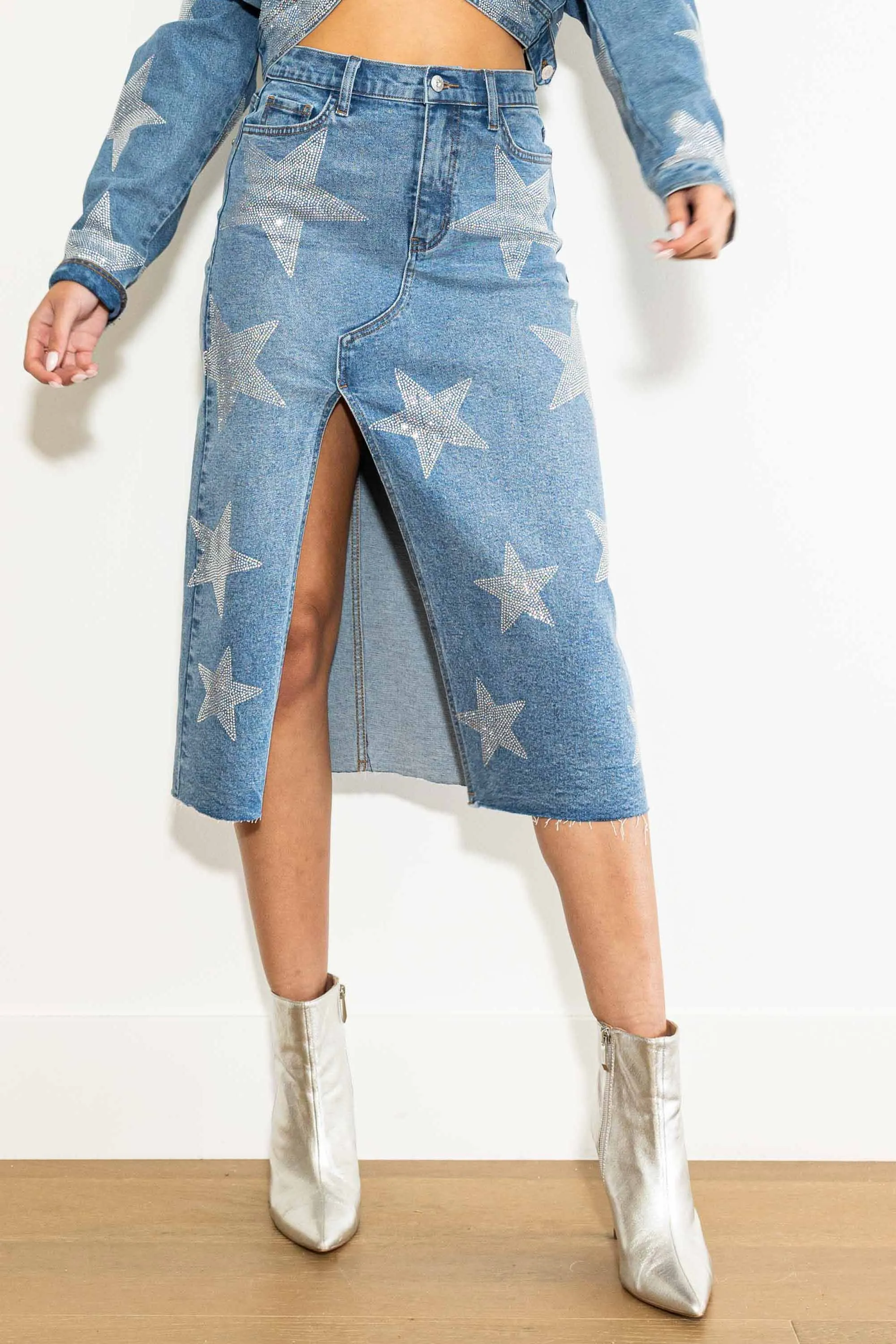 Stars Born Rhinestone Denim Column Skirt