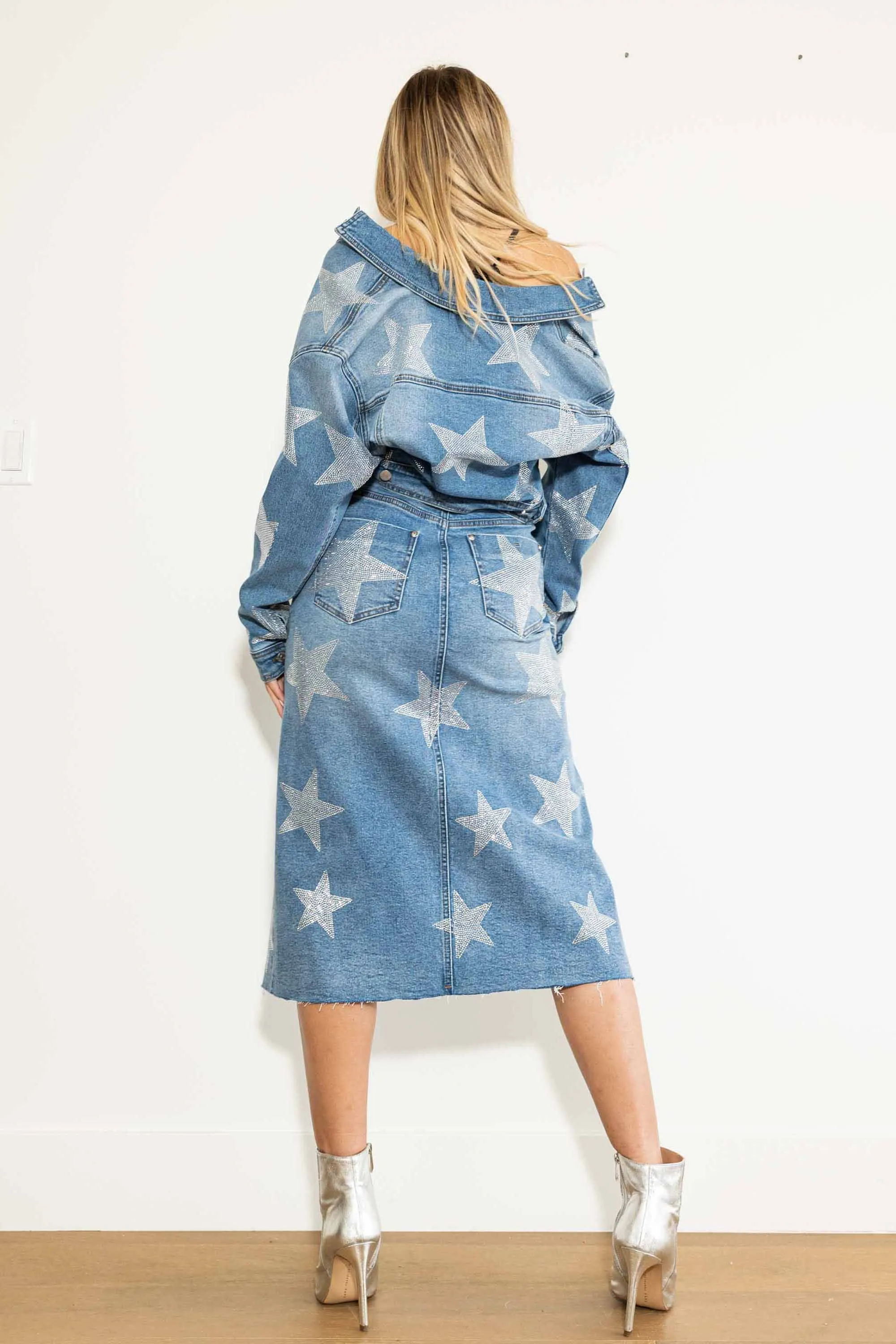 Stars Born Rhinestone Denim Column Skirt