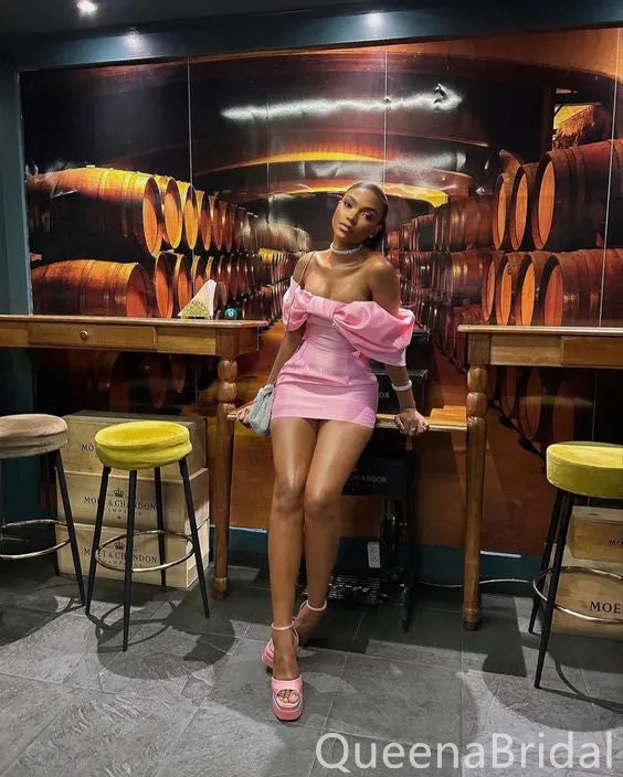 Stylish Pink Mermaid Off Shoulder Graduation Party Short Homecoming Dress Formal Evening Party Dress , QB0863