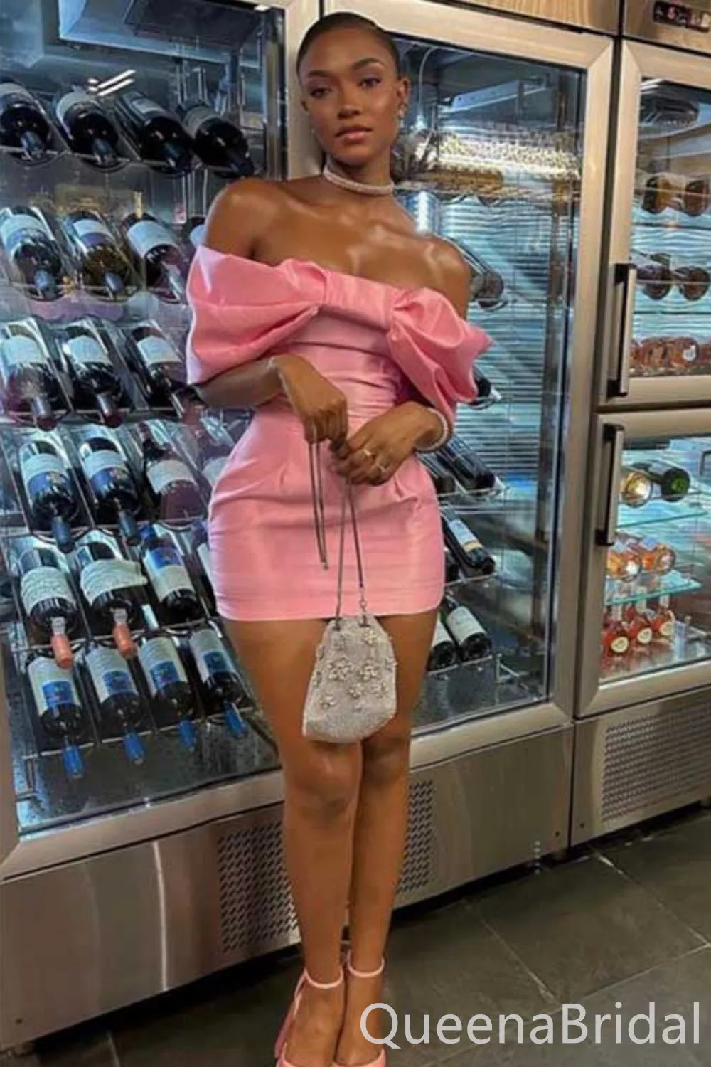 Stylish Pink Mermaid Off Shoulder Graduation Party Short Homecoming Dress Formal Evening Party Dress , QB0863