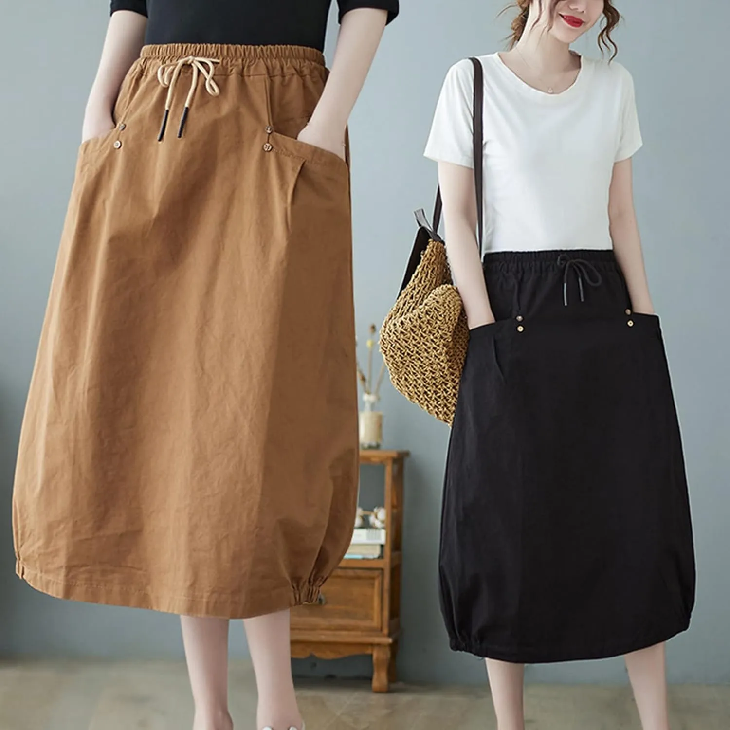 Summer Cotton Linen Bubble Skirt for Women Elastic Waist Midi A-Line Skirts Casual Baggy Parachute Skirt with Pocket