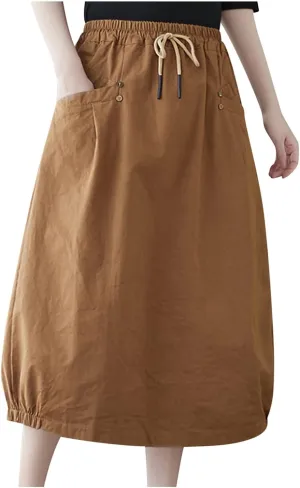 Summer Cotton Linen Bubble Skirt for Women Elastic Waist Midi A-Line Skirts Casual Baggy Parachute Skirt with Pocket