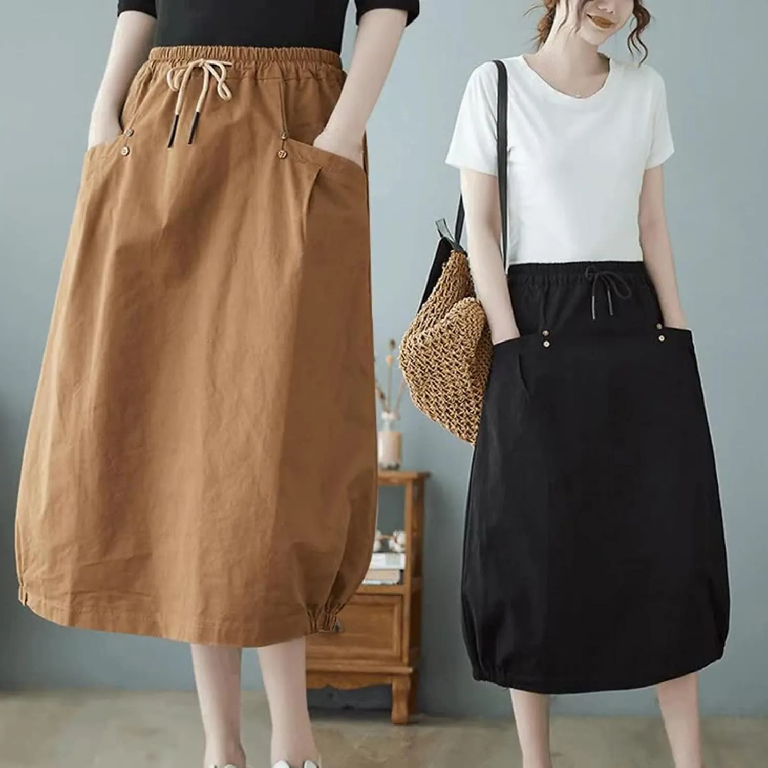 Summer Cotton Linen Bubble Skirt for Women Elastic Waist Midi A-Line Skirts Casual Baggy Parachute Skirt with Pocket