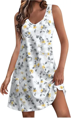 Summer Dresses for Women 2025 Loose V Neck Sleeveless Short Dress Casual Floral Boho Beach Sundresses with Pockets