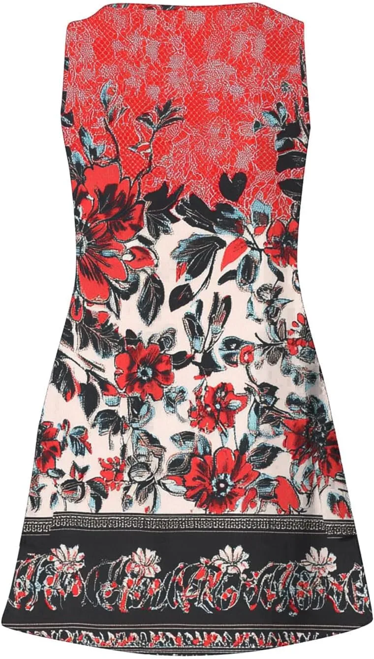 Summer Dresses for Women 2025 Short Vacation Boho Floral Sun Dress Casual Loose V Neck Sleeveless Tank Dress
