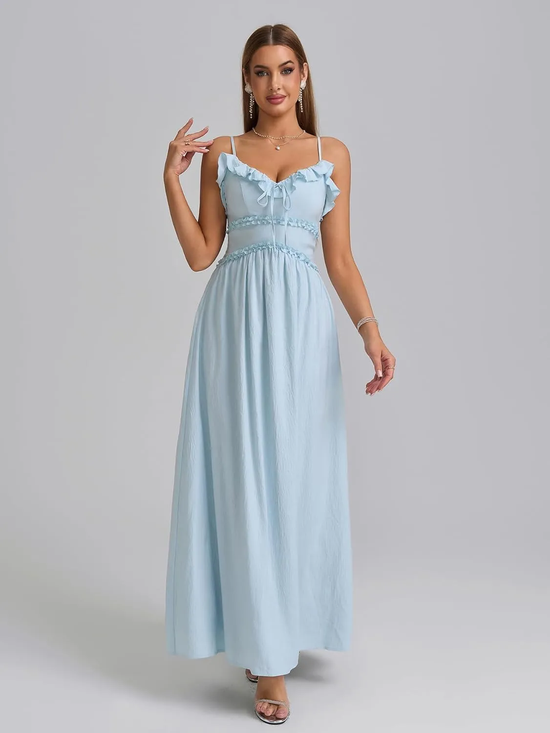 Summer Maxi Dress Spaghetti Strap Ruffle V Neck Casual Flowy Beach Wedding Guest Long Dresses for Women 2025