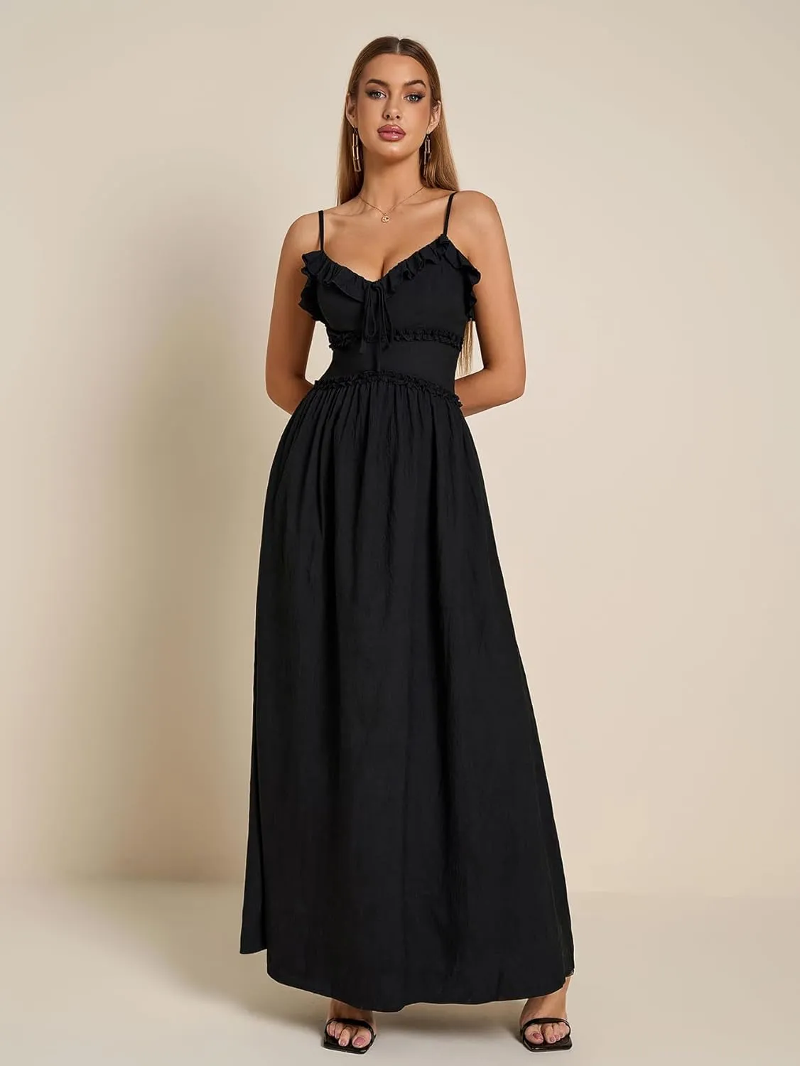Summer Maxi Dress Spaghetti Strap Ruffle V Neck Casual Flowy Beach Wedding Guest Long Dresses for Women 2025