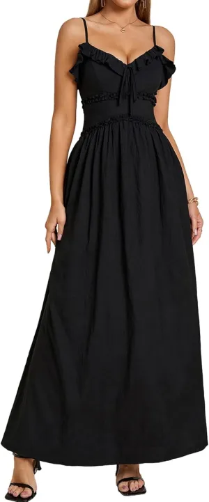 Summer Maxi Dress Spaghetti Strap Ruffle V Neck Casual Flowy Beach Wedding Guest Long Dresses for Women 2025