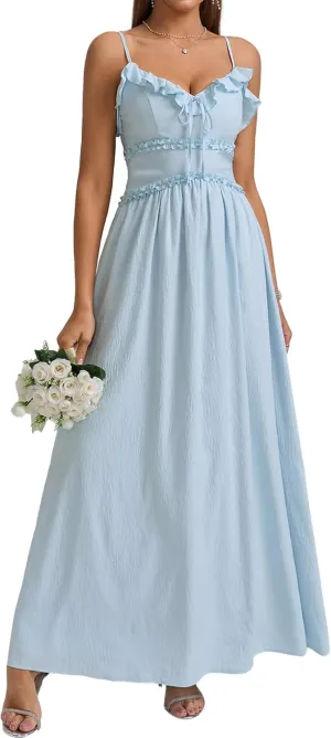 Summer Maxi Dress Spaghetti Strap Ruffle V Neck Casual Flowy Beach Wedding Guest Long Dresses for Women 2025