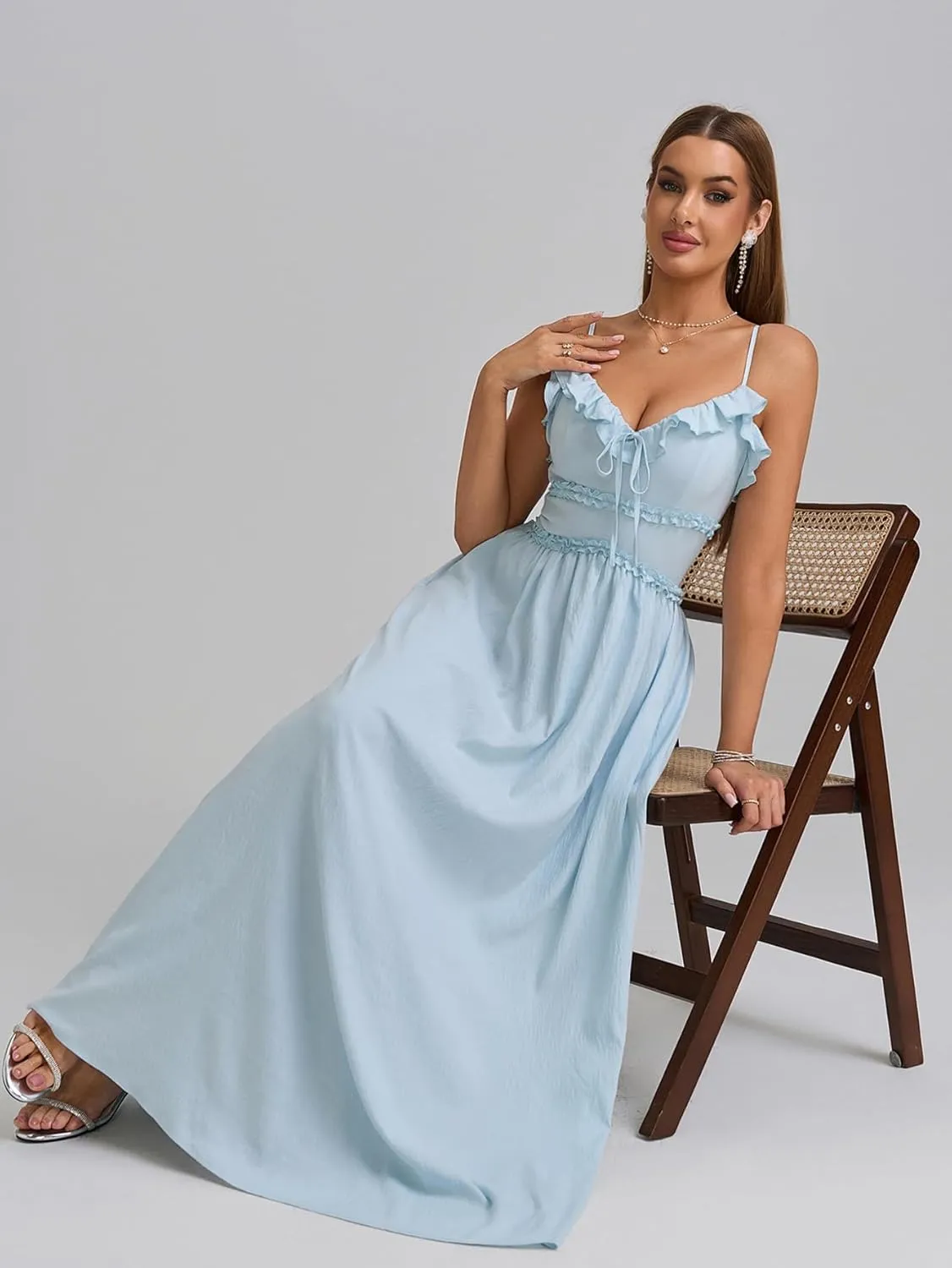 Summer Maxi Dress Spaghetti Strap Ruffle V Neck Casual Flowy Beach Wedding Guest Long Dresses for Women 2025