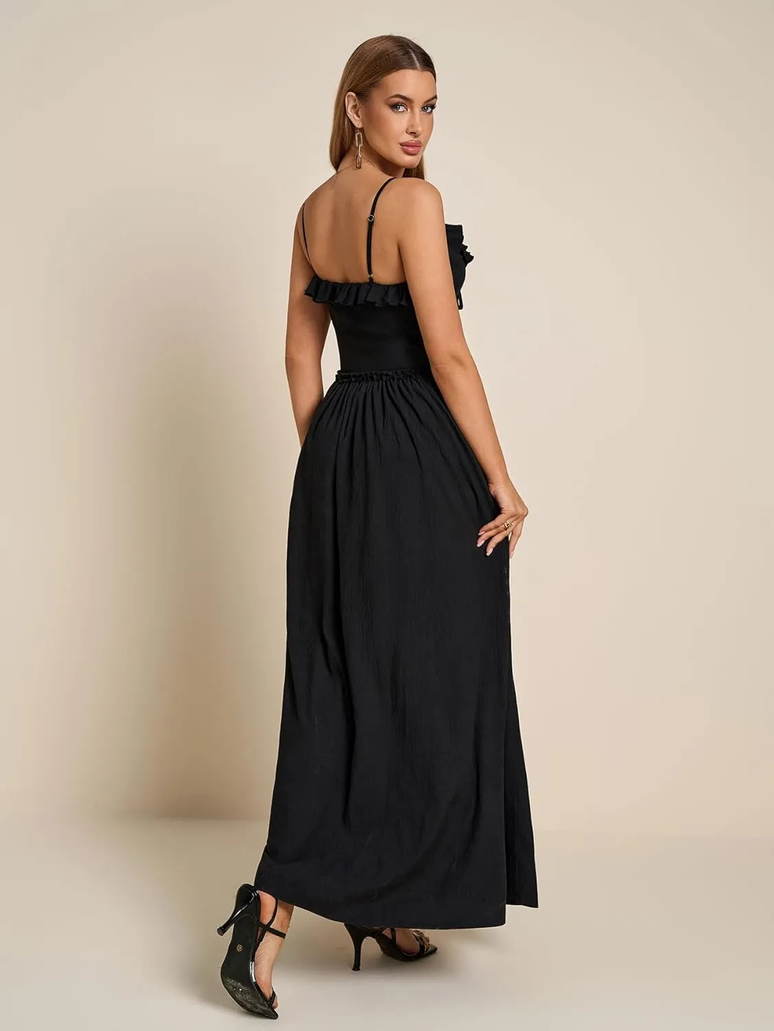 Summer Maxi Dress Spaghetti Strap Ruffle V Neck Casual Flowy Beach Wedding Guest Long Dresses for Women 2025