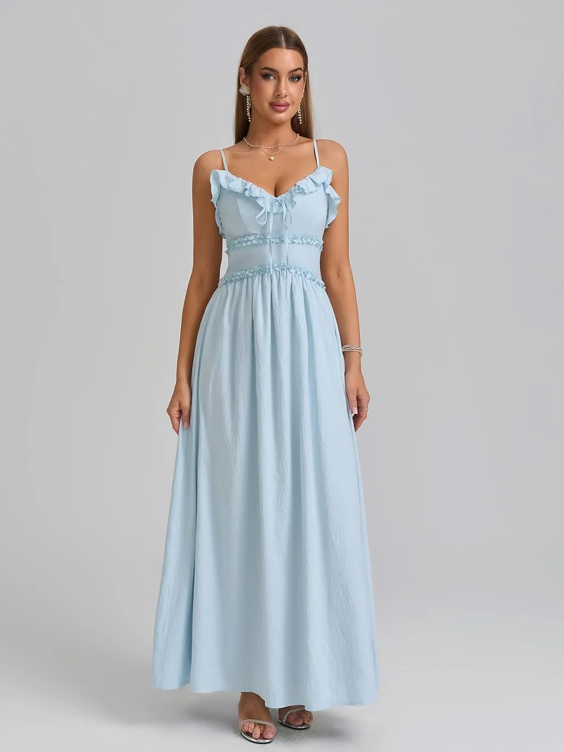 Summer Maxi Dress Spaghetti Strap Ruffle V Neck Casual Flowy Beach Wedding Guest Long Dresses for Women 2025