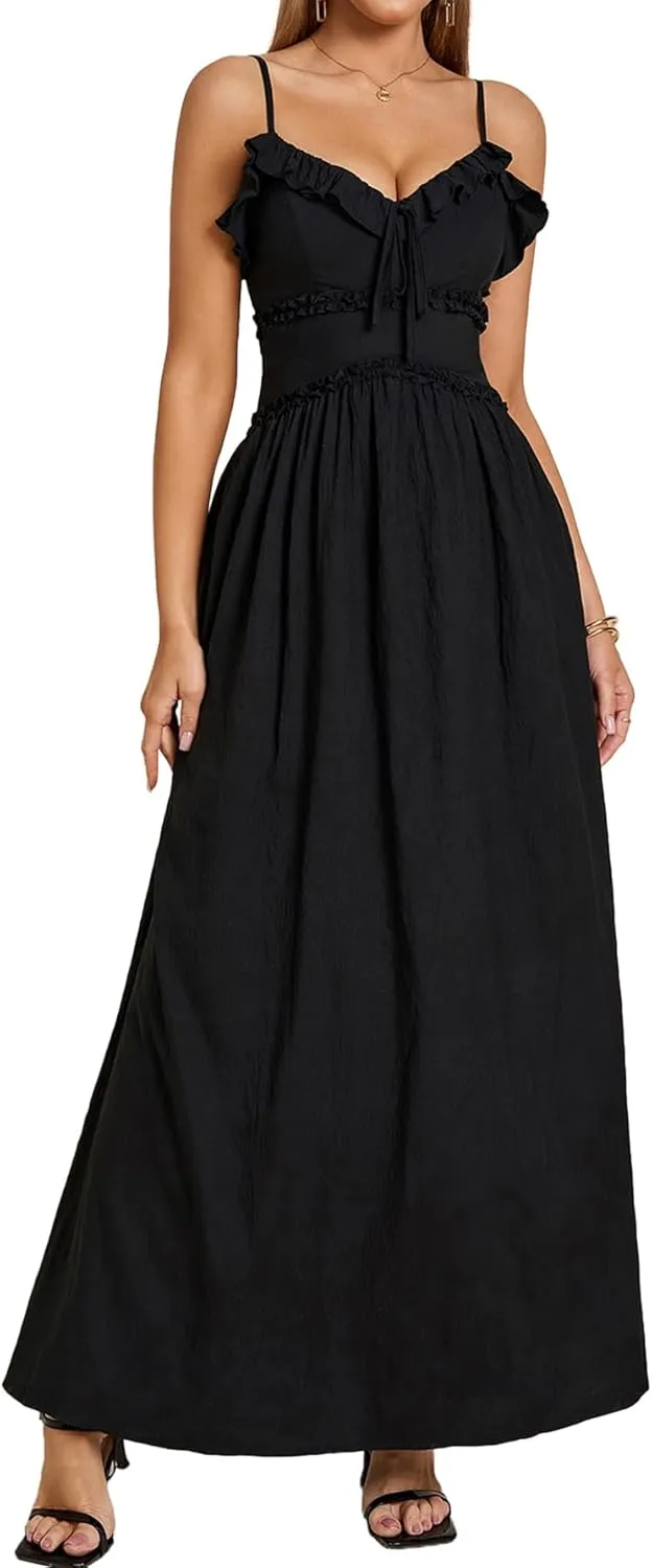 Summer Maxi Dress Spaghetti Strap Ruffle V Neck Casual Flowy Beach Wedding Guest Long Dresses for Women 2025