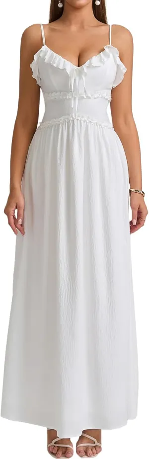 Summer Maxi Dress Spaghetti Strap Ruffle V Neck Casual Flowy Beach Wedding Guest Long Dresses for Women 2025