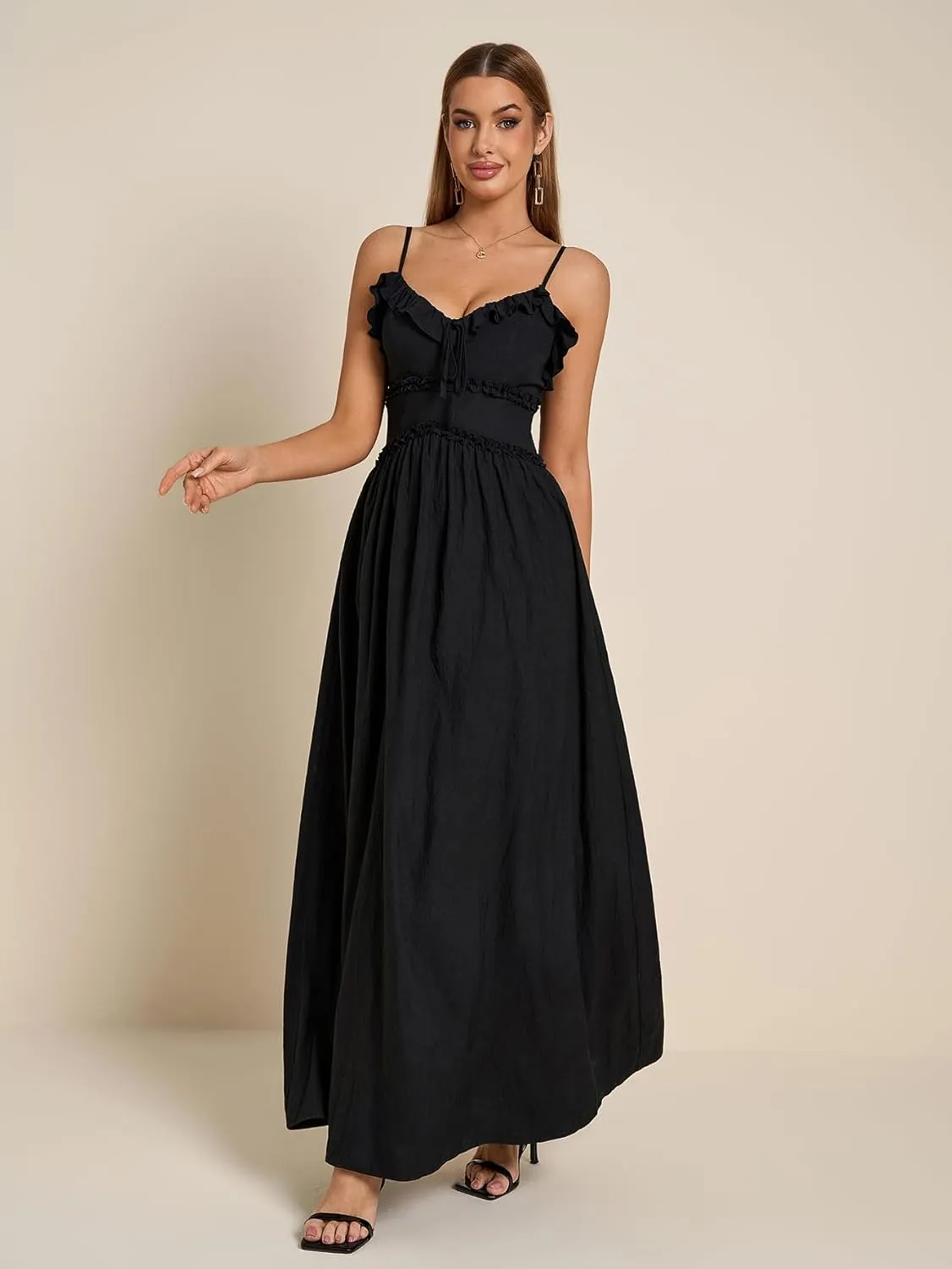 Summer Maxi Dress Spaghetti Strap Ruffle V Neck Casual Flowy Beach Wedding Guest Long Dresses for Women 2025