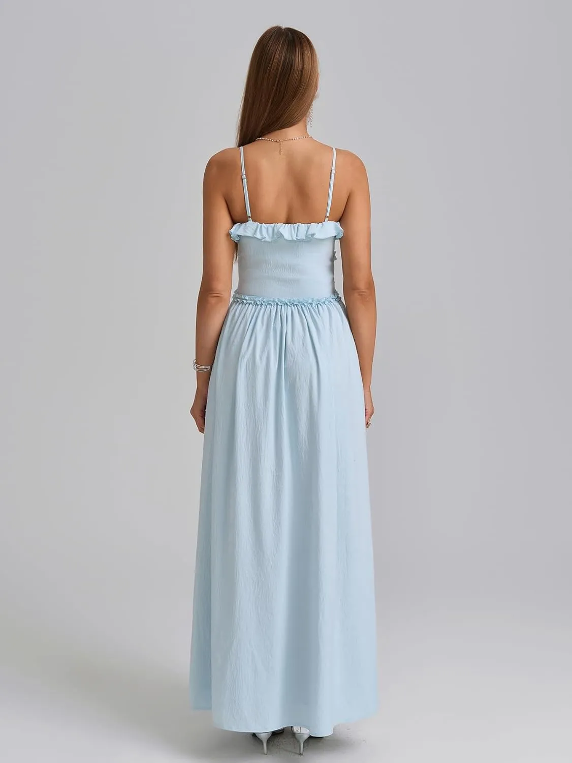Summer Maxi Dress Spaghetti Strap Ruffle V Neck Casual Flowy Beach Wedding Guest Long Dresses for Women 2025