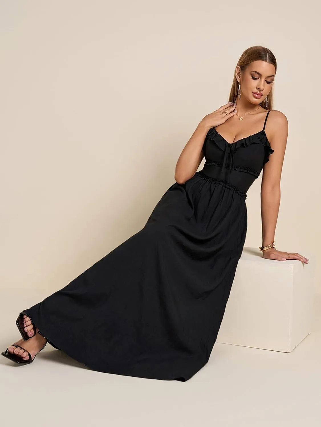 Summer Maxi Dress Spaghetti Strap Ruffle V Neck Casual Flowy Beach Wedding Guest Long Dresses for Women 2025