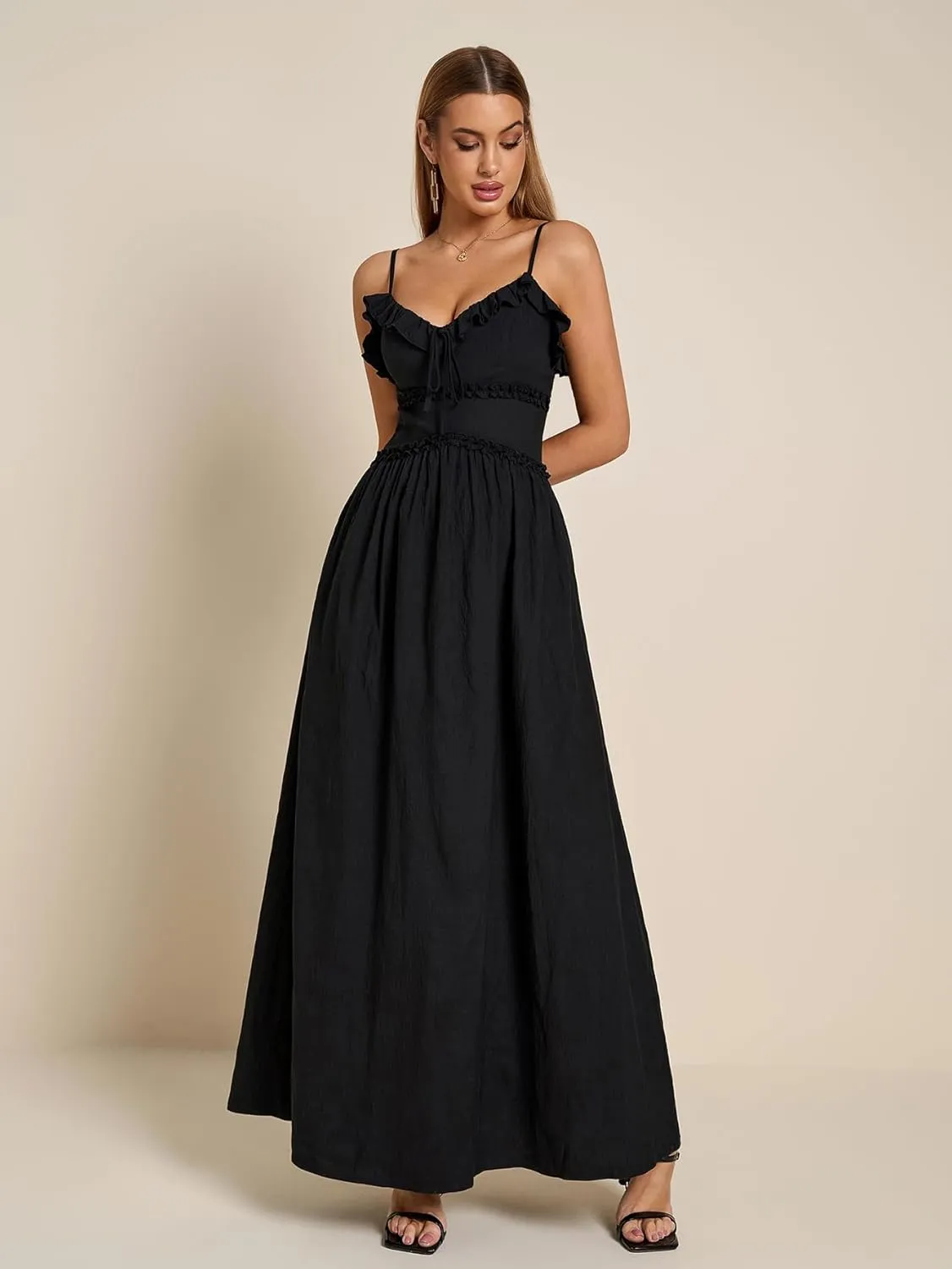 Summer Maxi Dress Spaghetti Strap Ruffle V Neck Casual Flowy Beach Wedding Guest Long Dresses for Women 2025