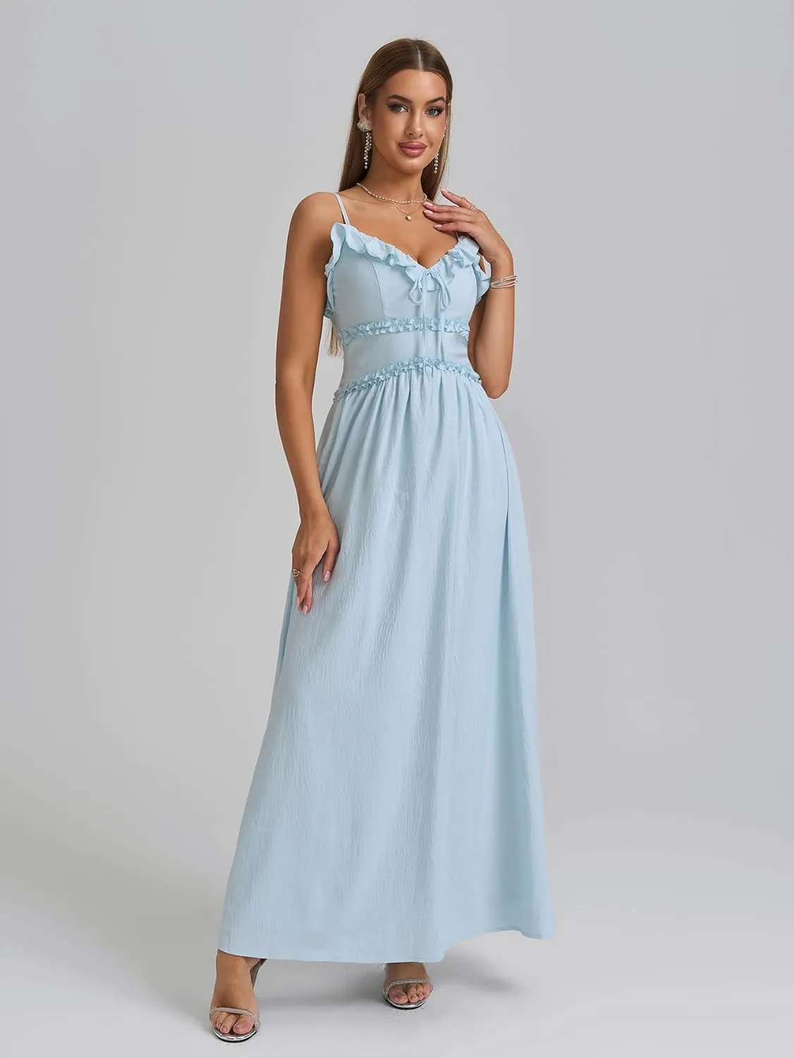 Summer Maxi Dress Spaghetti Strap Ruffle V Neck Casual Flowy Beach Wedding Guest Long Dresses for Women 2025