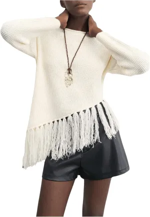 SweatyRocks Women's Long Sleeves Sweater Crew Neck Solid Color Fringe Hem Knitted Pullovers Tops