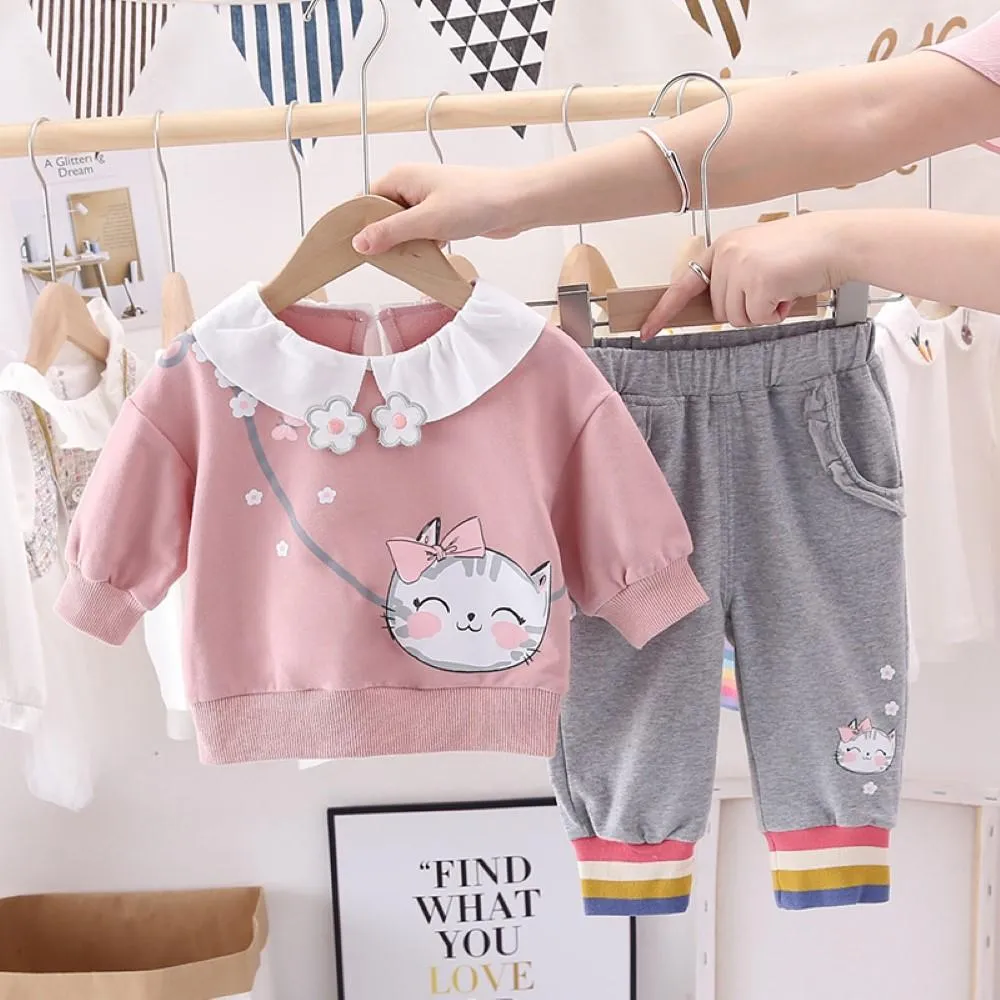 Toddler Girls Cartoon Cat Printed Top & Pants Girl Wholesale