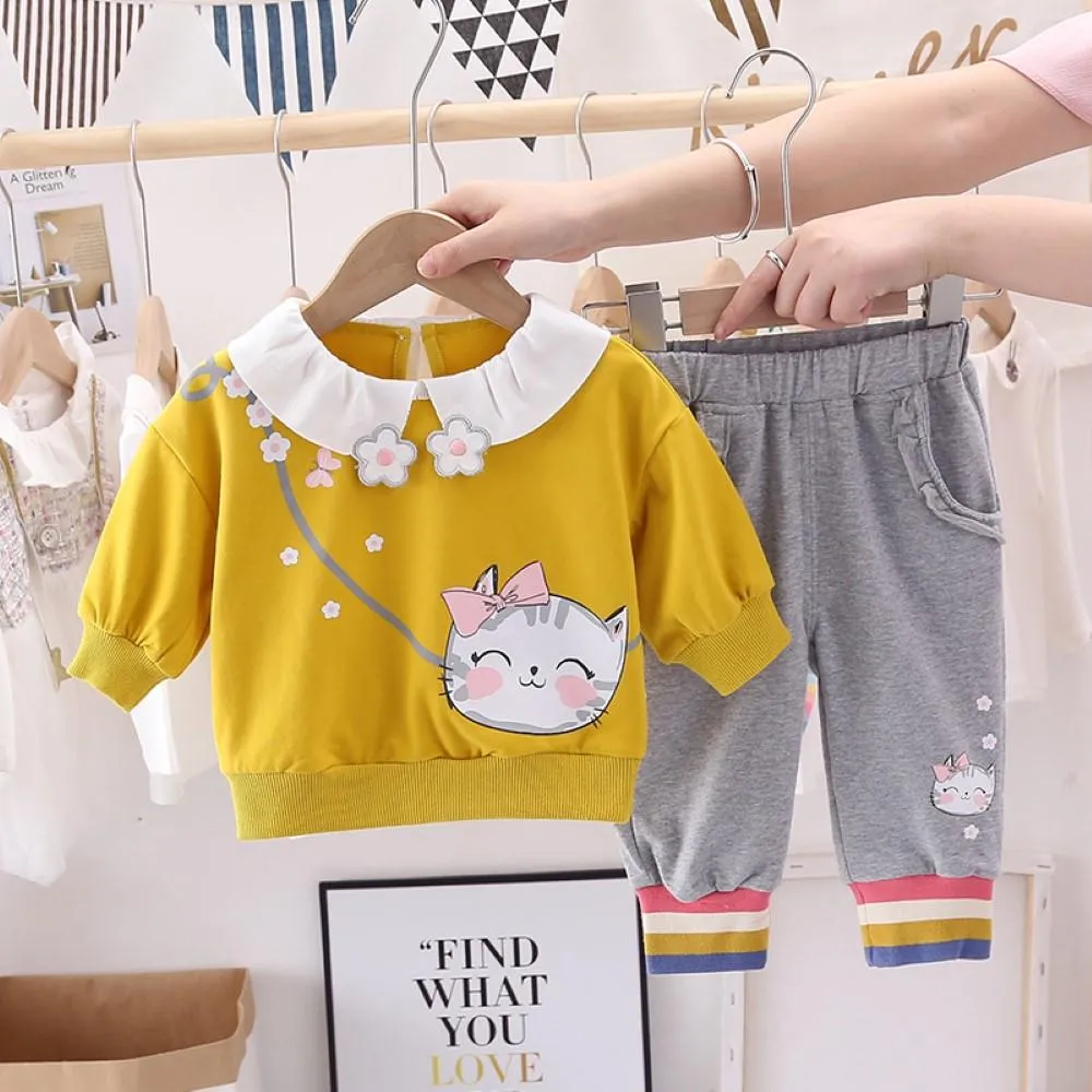 Toddler Girls Cartoon Cat Printed Top & Pants Girl Wholesale