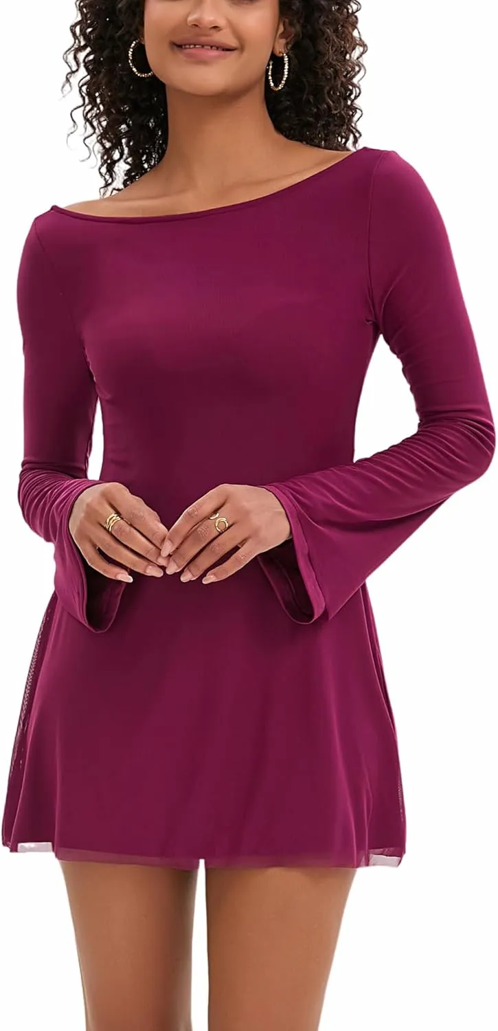 Topcloset Womens Bodice Dress Long Sleeve Dress Backless Flare Mini Dresses Going Out Party Club Dress