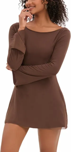 Topcloset Womens Bodice Dress Long Sleeve Dress Backless Flare Mini Dresses Going Out Party Club Dress