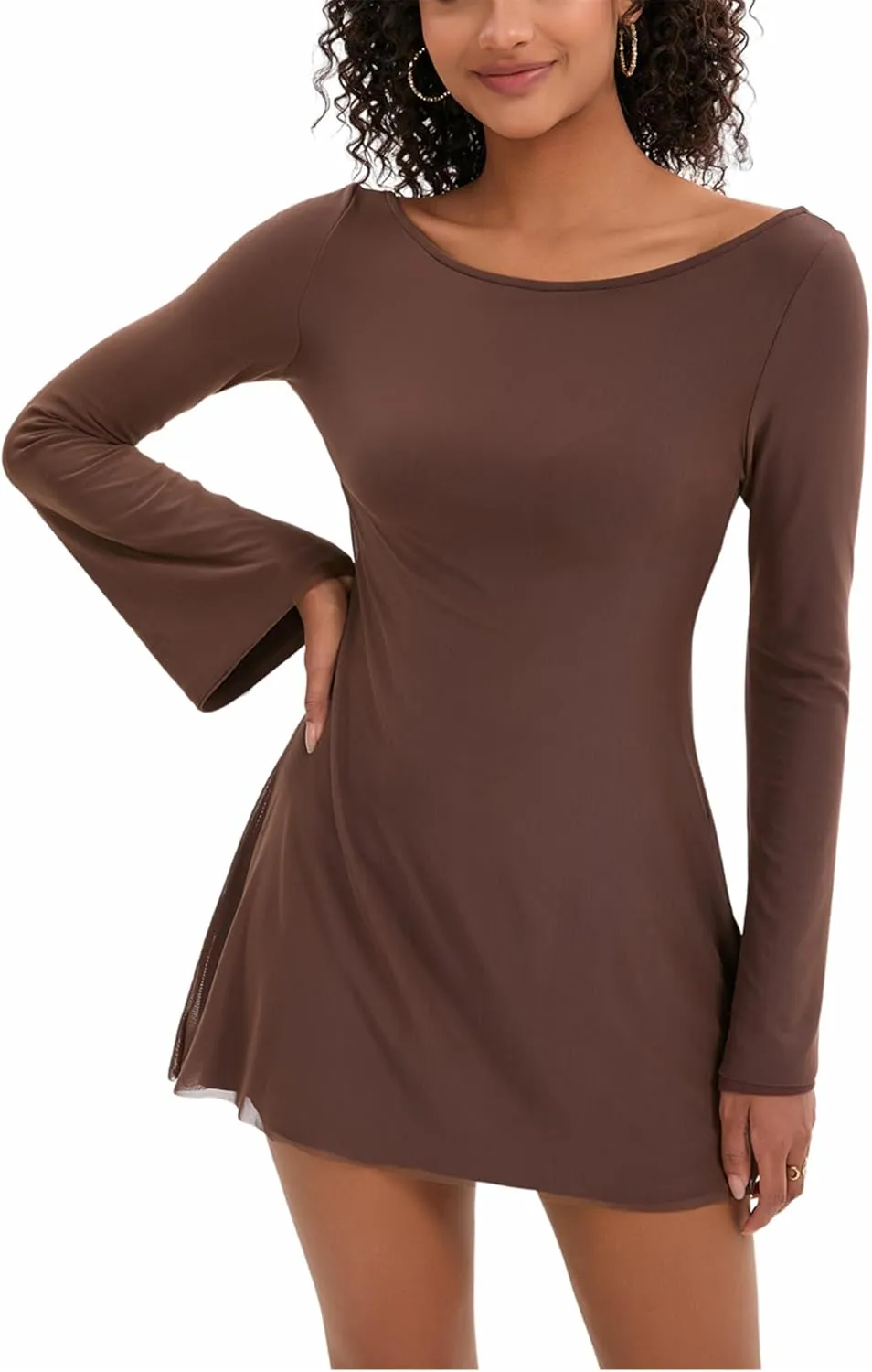 Topcloset Womens Bodice Dress Long Sleeve Dress Backless Flare Mini Dresses Going Out Party Club Dress