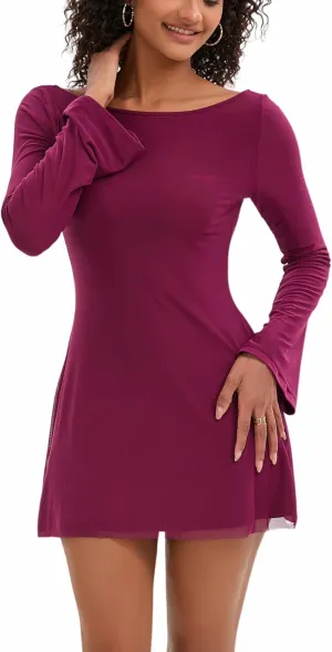 Topcloset Womens Bodice Dress Long Sleeve Dress Backless Flare Mini Dresses Going Out Party Club Dress
