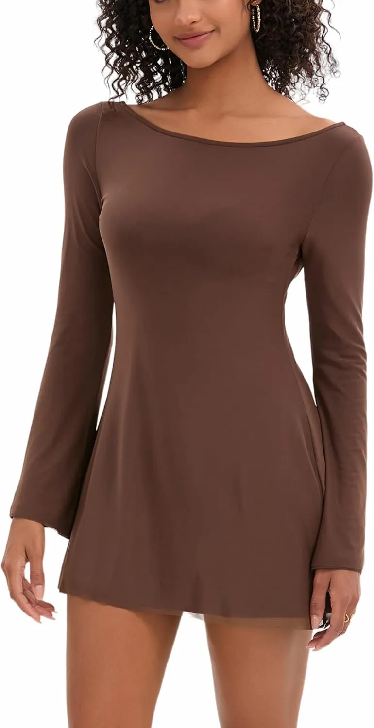 Topcloset Womens Bodice Dress Long Sleeve Dress Backless Flare Mini Dresses Going Out Party Club Dress