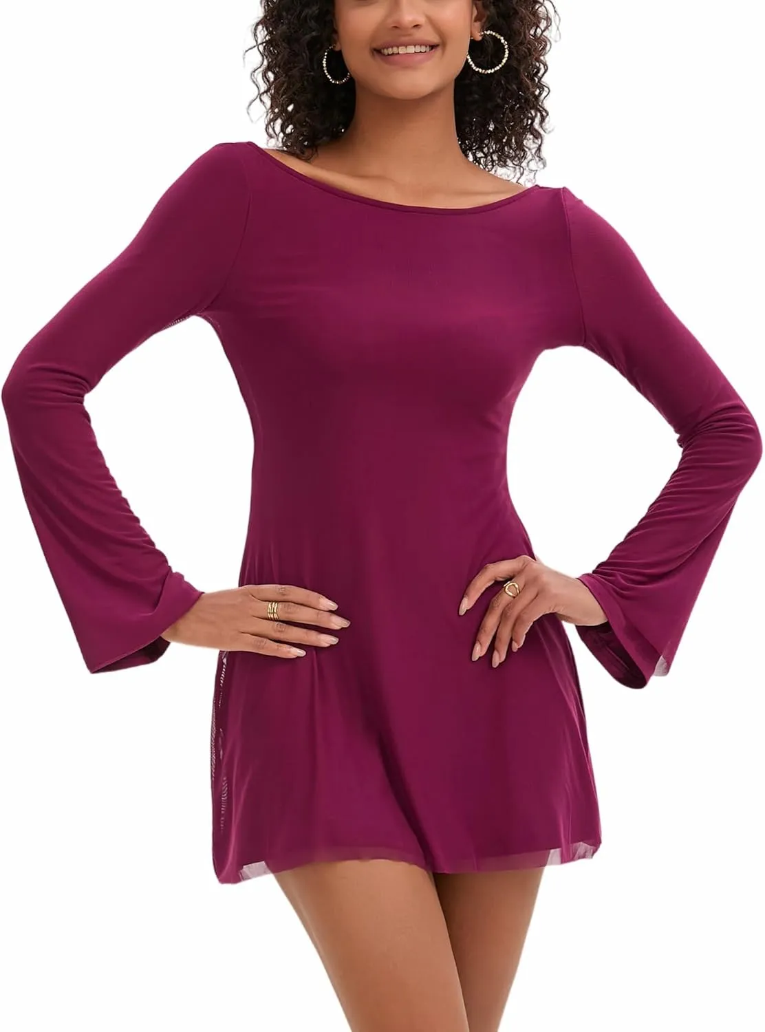 Topcloset Womens Bodice Dress Long Sleeve Dress Backless Flare Mini Dresses Going Out Party Club Dress