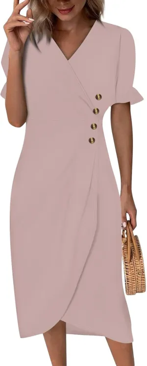 Travel Dresses for Women,Summer Elegant Wrap V Neck Boho Dress Flowy Ruched Hawaiian Maxi Summer Dress