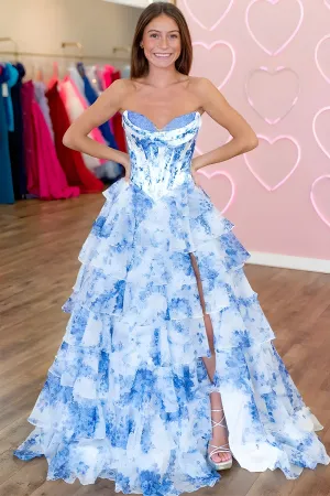 Trendy Blue Floral Print Ruffled Prom Dress with Slit