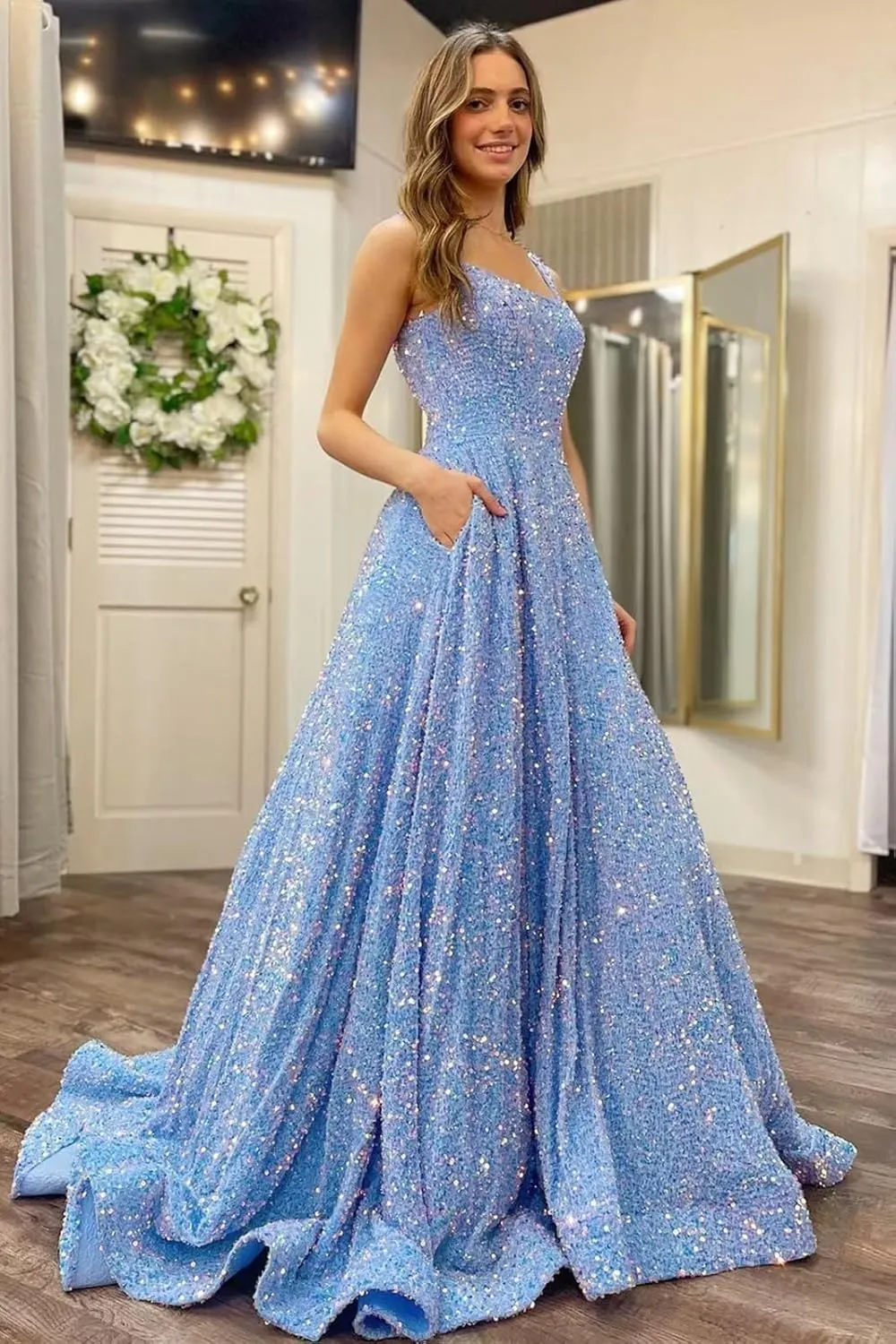 TRHTX Elegant Long Sleeve Sequin Prom Dresses with Slit V Neck Satin Formal Dresses with Pockets