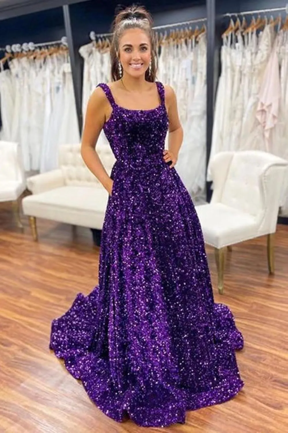 TRHTX Elegant Long Sleeve Sequin Prom Dresses with Slit V Neck Satin Formal Dresses with Pockets