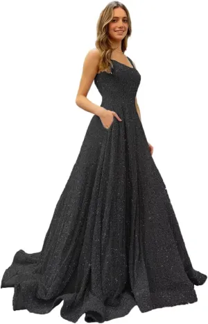 TRHTX Elegant Long Sleeve Sequin Prom Dresses with Slit V Neck Satin Formal Dresses with Pockets