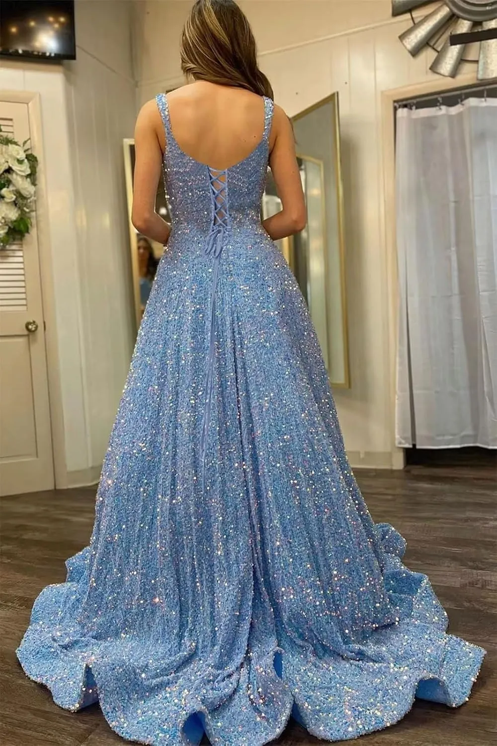 TRHTX Elegant Long Sleeve Sequin Prom Dresses with Slit V Neck Satin Formal Dresses with Pockets