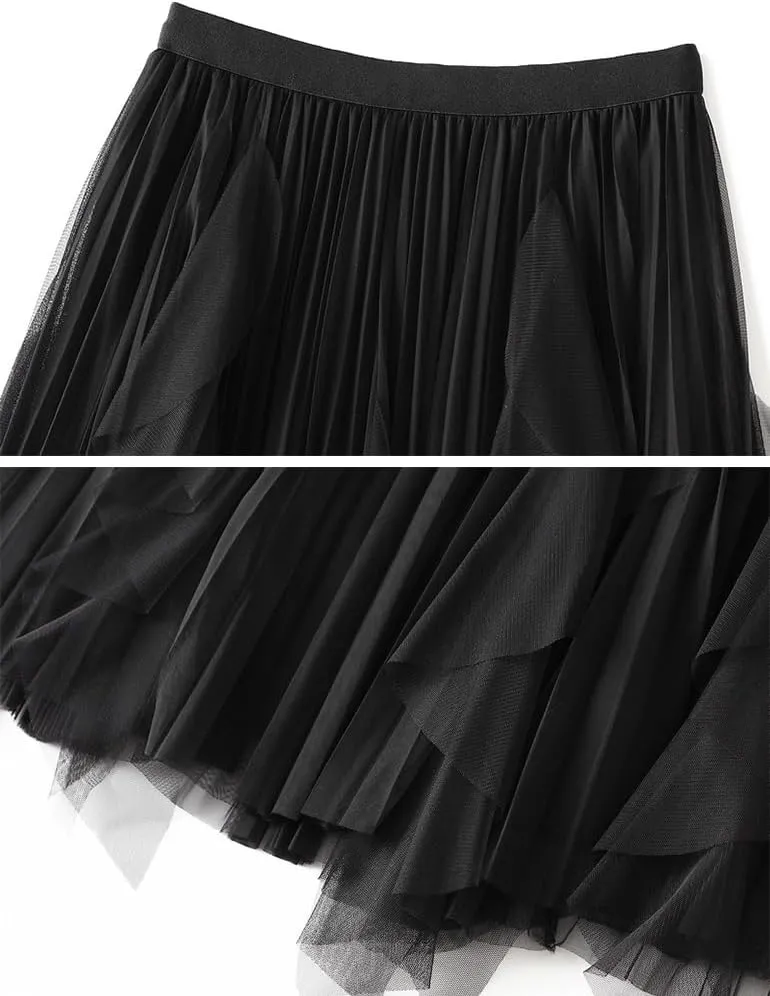 Tulle Midi Pleated Skirts for Women Trendy A Line High Waisted Tutu Fairy Layered Ruffle Skirt