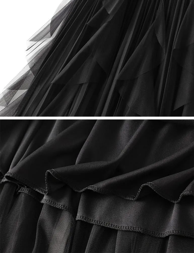 Tulle Midi Pleated Skirts for Women Trendy A Line High Waisted Tutu Fairy Layered Ruffle Skirt