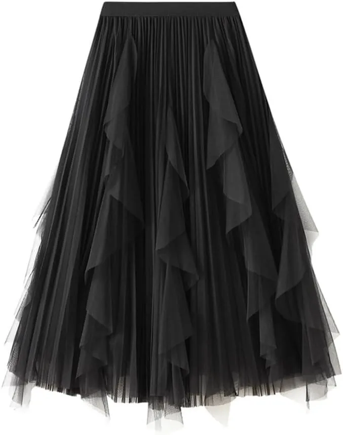 Tulle Midi Pleated Skirts for Women Trendy A Line High Waisted Tutu Fairy Layered Ruffle Skirt