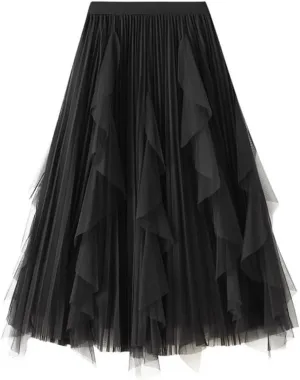 Tulle Midi Pleated Skirts for Women Trendy A Line High Waisted Tutu Fairy Layered Ruffle Skirt